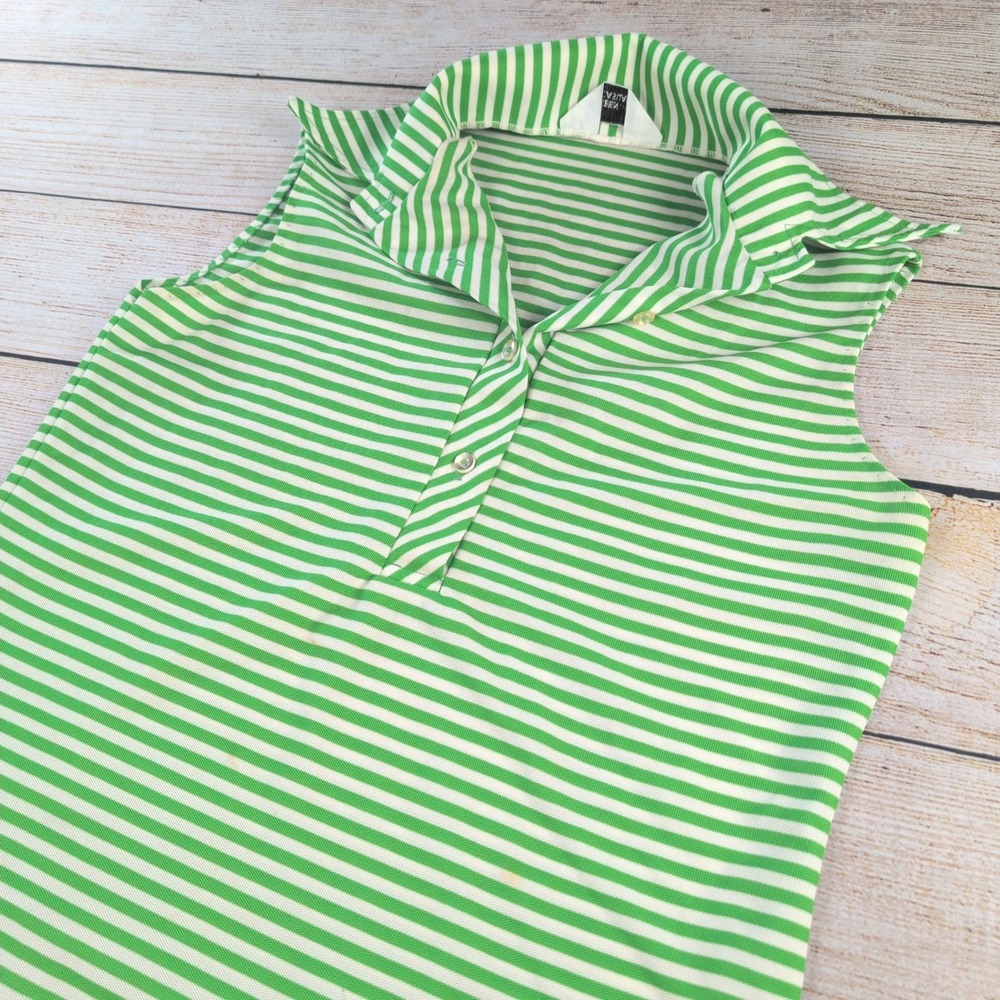 1970s Vintage Green White Striped Sleeveless Dagger collar Top Sz M Retro